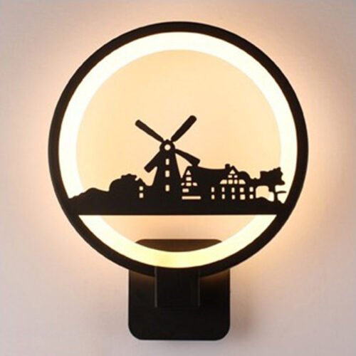 2381439329567.jpg Applique Murale Circulaire en Métal Noir avec Scène Villageoise