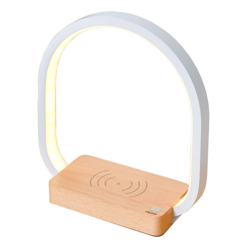 Lampe de Table Ronde en Métal Blanc et Bois Clair