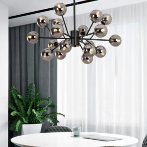 Lustre LED en Laiton et Verre Ambré aux Bras Sculpturaux