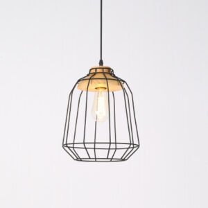 Suspension en Cage Noire avec Accents Bois Naturel