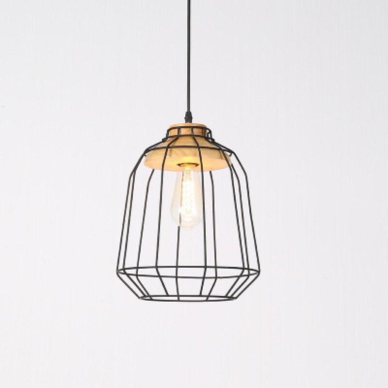 Suspension en Cage Noire avec Accents Bois Naturel