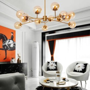 Lustre LED en Laiton et Verre Ambré aux Bras Sculpturaux