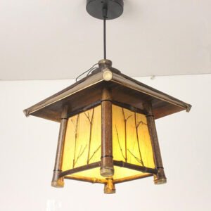 Suspension Bambou Traditionnelle Lanterne en Verre Motifs Branches