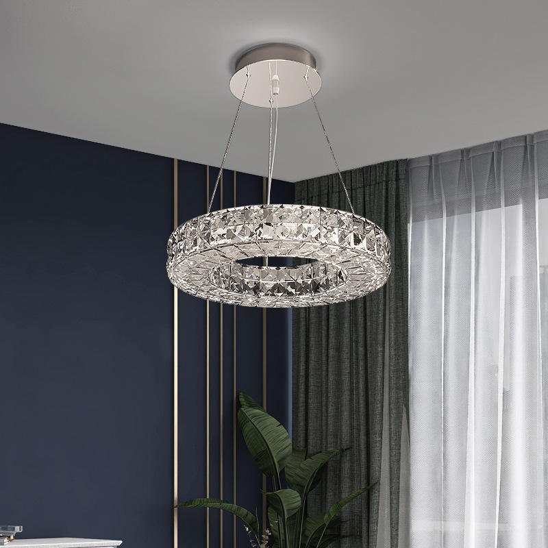 Lustre Cercle en Cristal Facetté Éclat Chromé